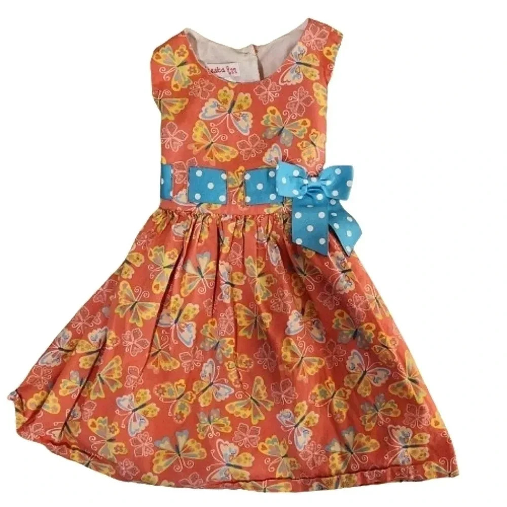 Jessica Ann pink party dress with butterfly print and blue bow Size 3T